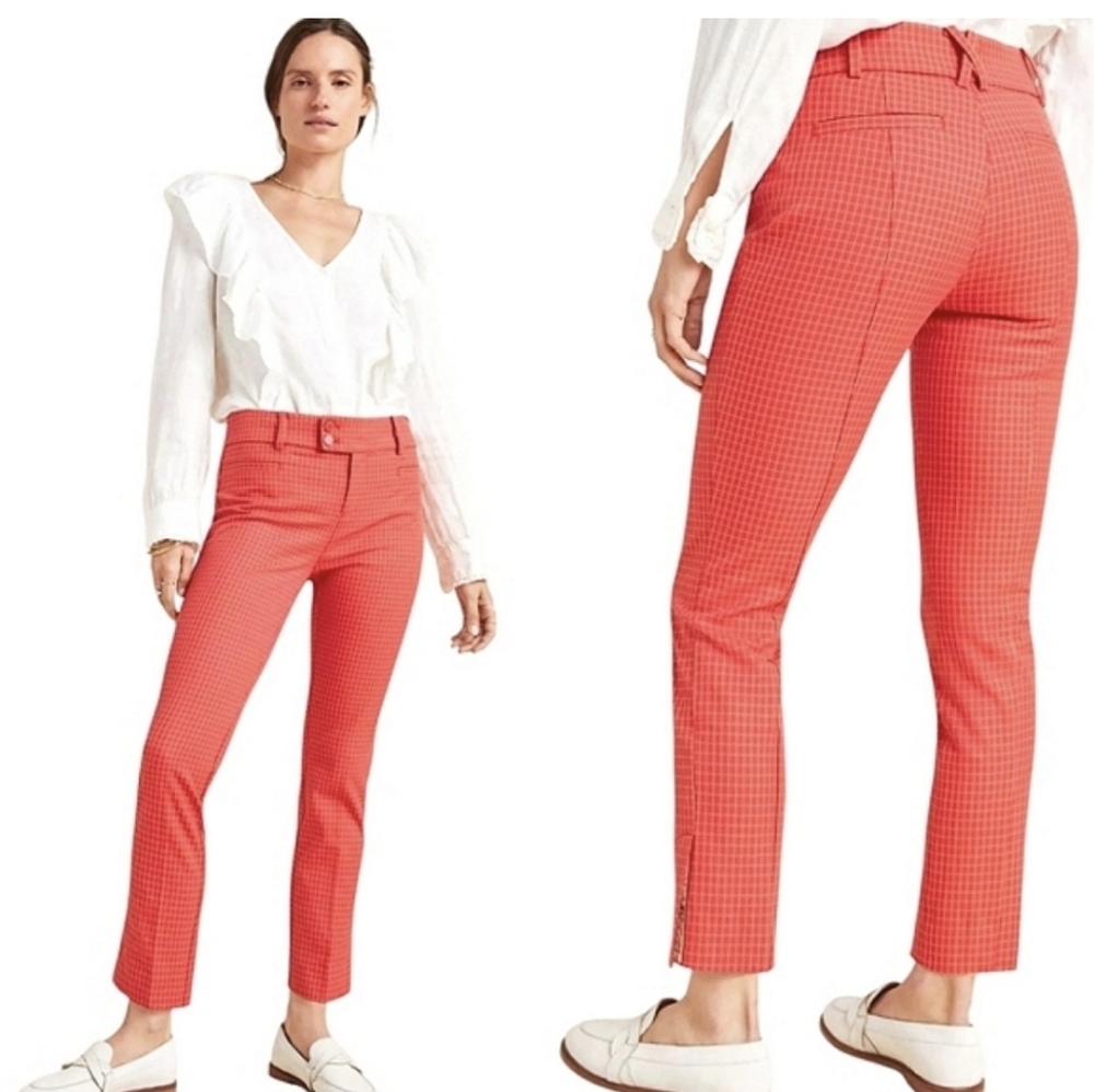 Anthropologie Womens The Essential Slim Pants, Red and Gold Plaid, Size 8